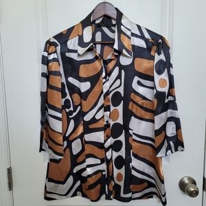 Violet & Claire Brown, Black, White Button Down Collared Silky Shirt Blouse L